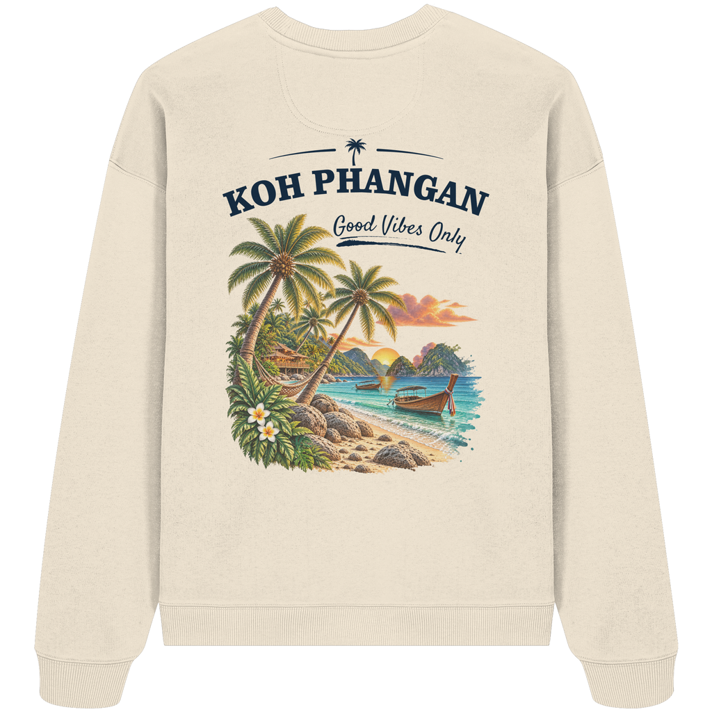 Bio Oversize Sweatshirt – Backprint in natural raw als Original-Mockup mit Koh Phangan Good Vibes Only Backprint