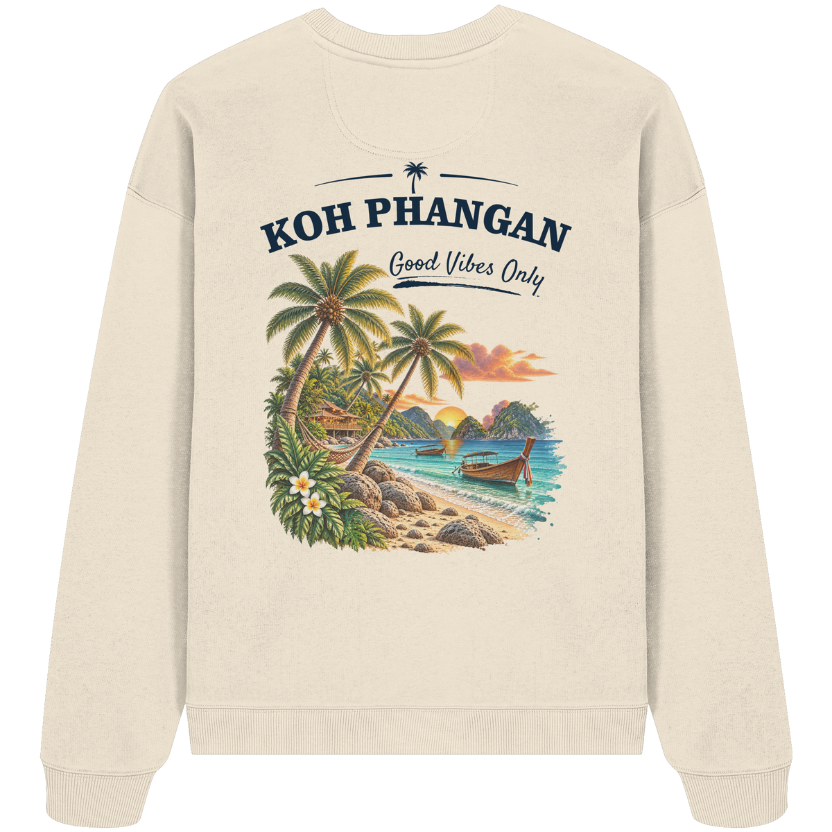 Bio Oversize Sweatshirt – Backprint in natural raw als Original-Mockup mit Koh Phangan Good Vibes Only Backprint