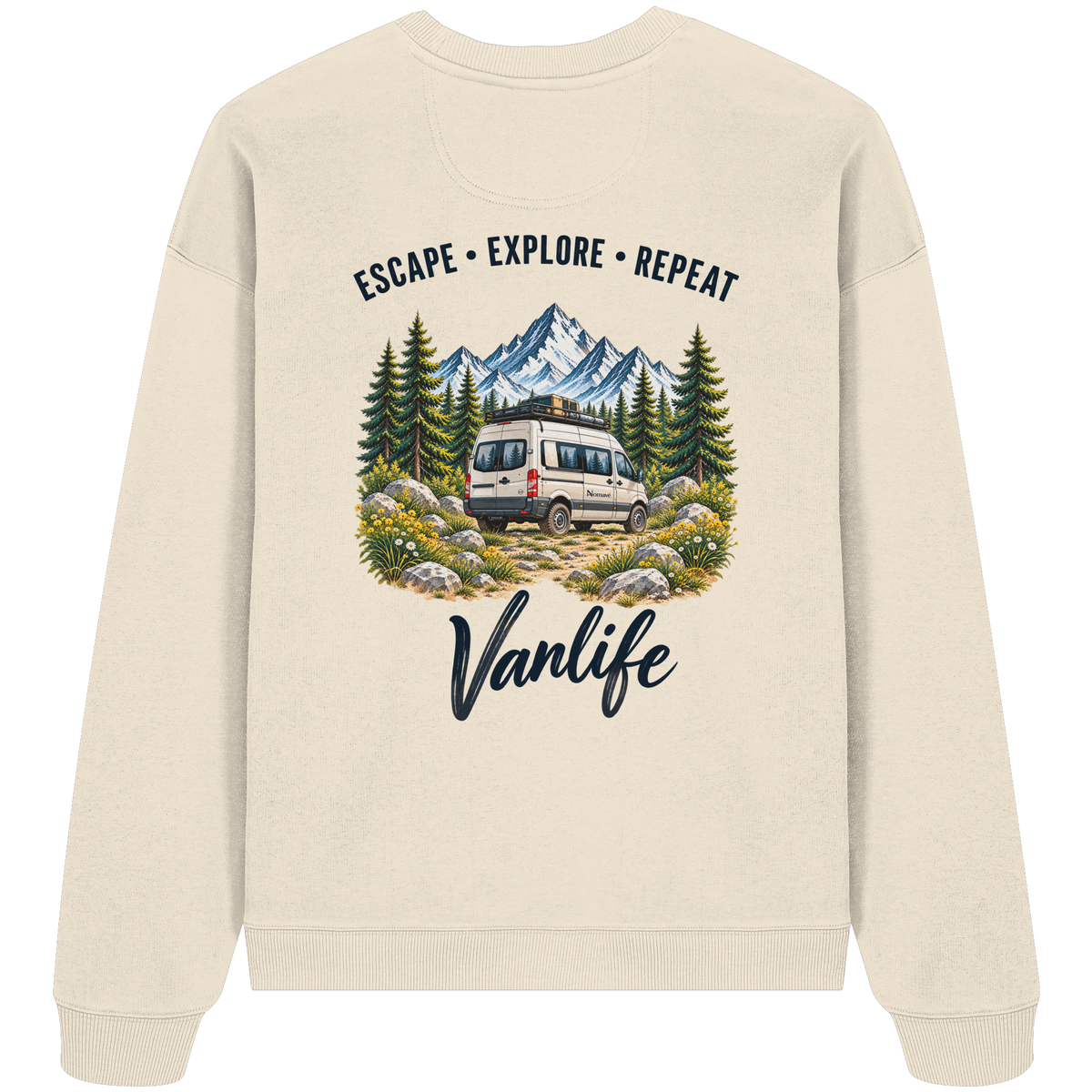 Bio Oversize Sweatshirt in Natural Raw als Produkt-Mockup mit Escape Explore Repeat Motiv als Backprint