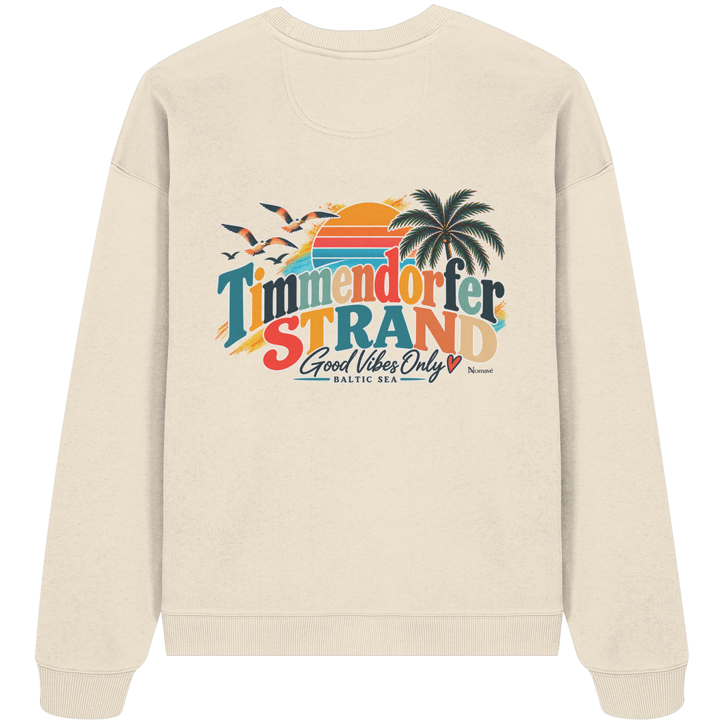 Timmendorfer Strand – Good Vibes Only – Bio Oversize-Sweatshirt mit Rückenprint – Natural Raw; originales Katalogmockup der Rückansicht mit Rückenprint.
