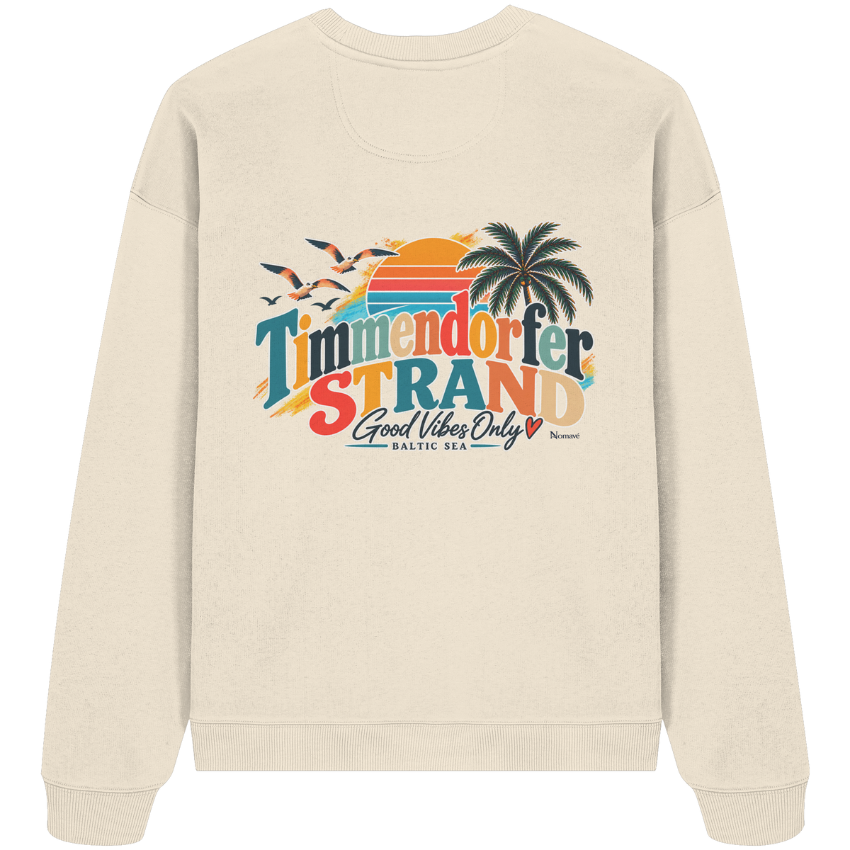 Timmendorfer Strand – Good Vibes Only – Bio Oversize-Sweatshirt mit Rückenprint – Natural Raw; originales Katalogmockup der Rückansicht mit Rückenprint.