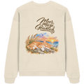Unisex Bio-Oversize-Sweatshirt in Natural Raw mit „Meer. Mieze. Glücklich.“ als Backprint – Rückansicht im Original-Mockup.