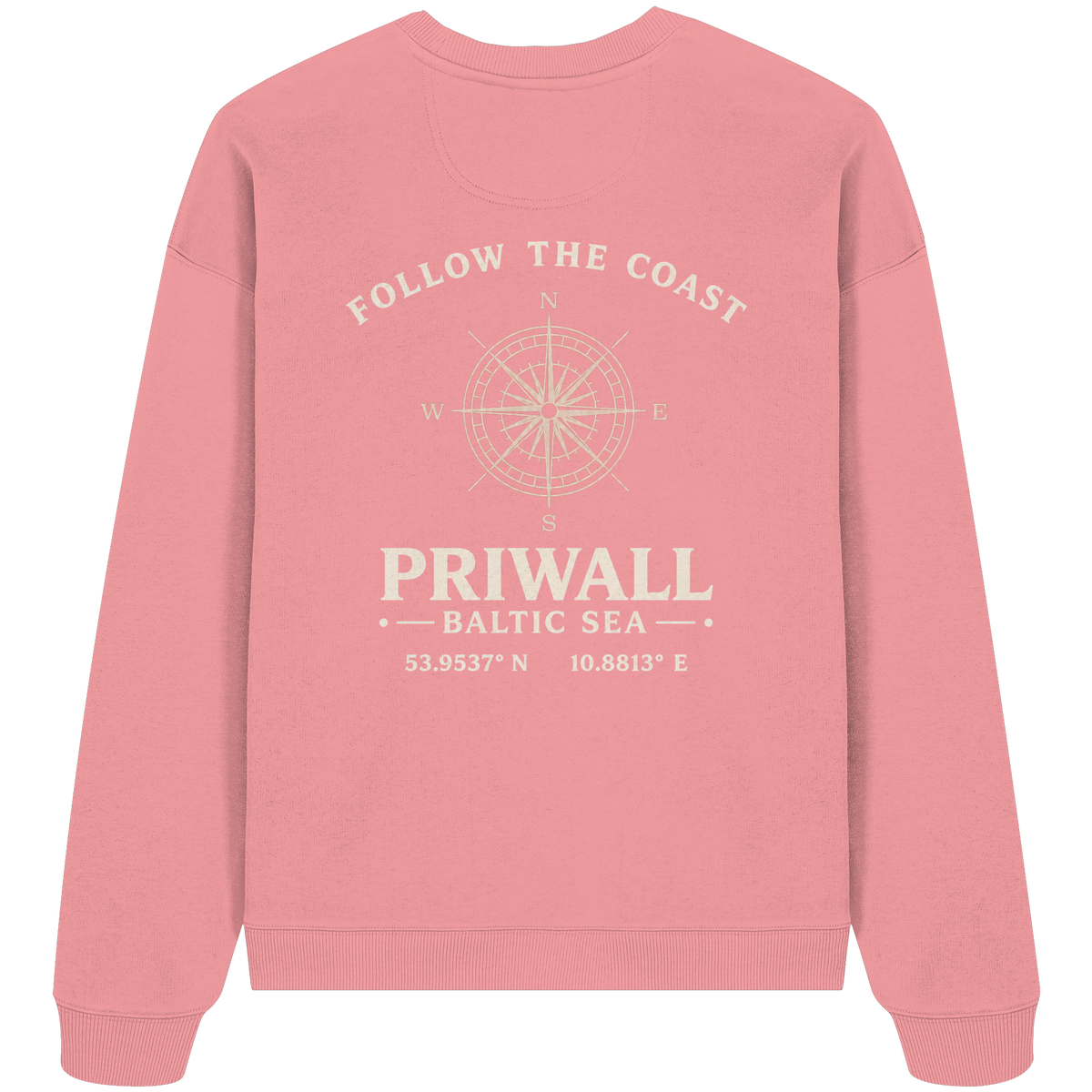 Rückansicht des Bio Oversize Sweatshirt in Pink Joy mit dunklem Priwall Follow the Coast Backprint