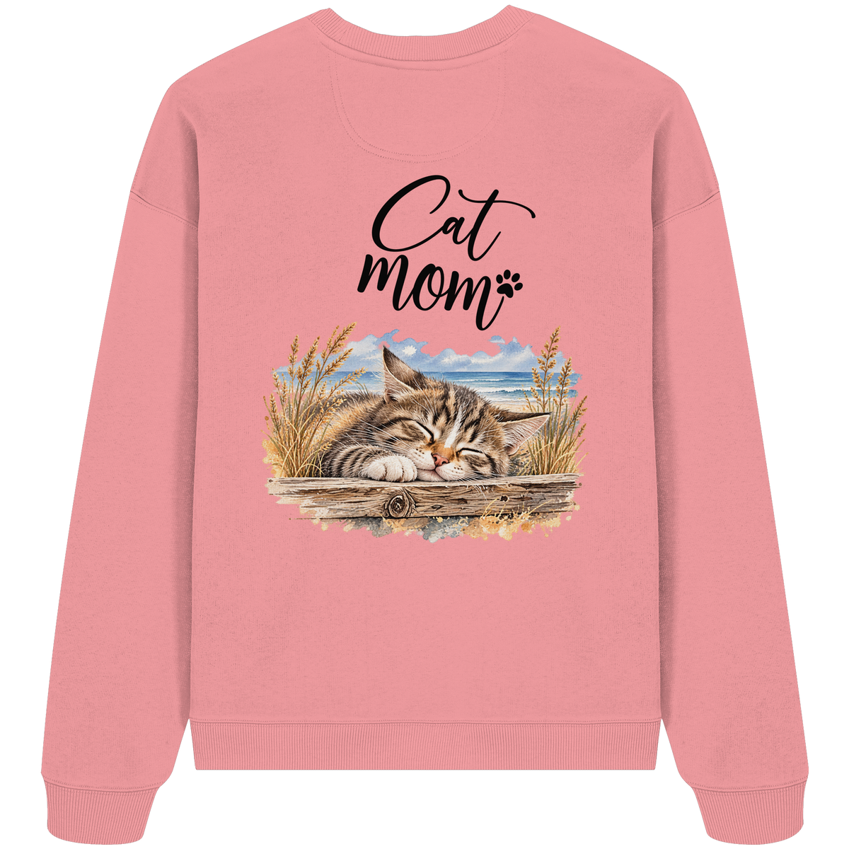 Cat Mom Bio-Oversize-Sweatshirt in Pink Joy – Original-Rückansicht im Oversized Fit mit schlafender Katze und Küstenmotiv als Rückenprint.