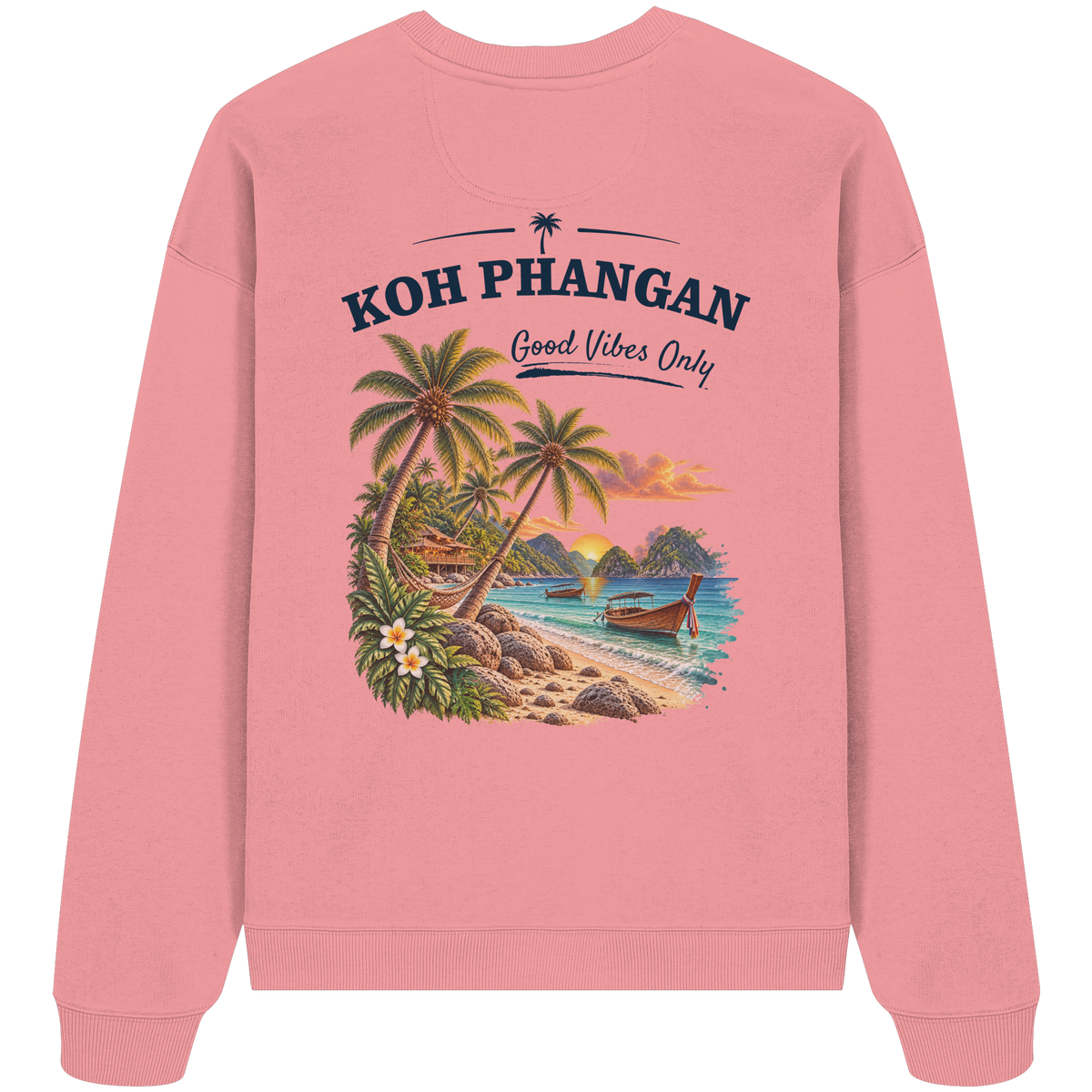 Bio Oversize Sweatshirt – Backprint in der gezeigten Farbe als Original-Mockup mit Koh Phangan Good Vibes Only Backprint