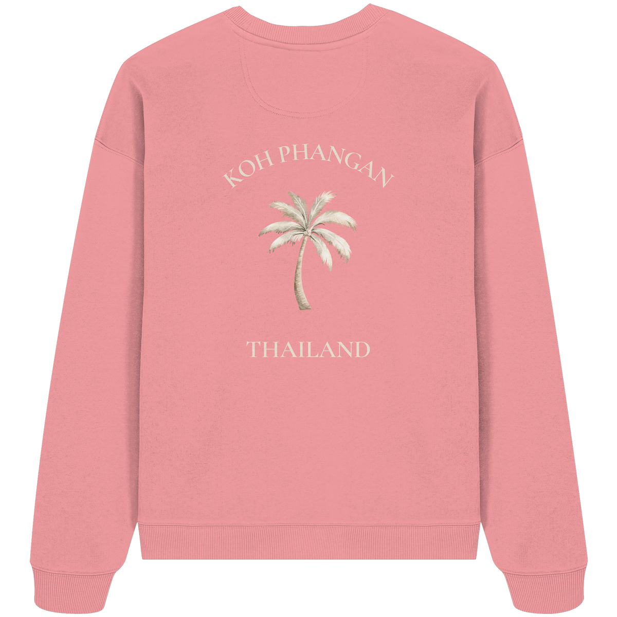 Bio Oversize Sweatshirt in pink joy mit Koh Phangan Mini Palm Motiv als Backprint – Original-Mockup
