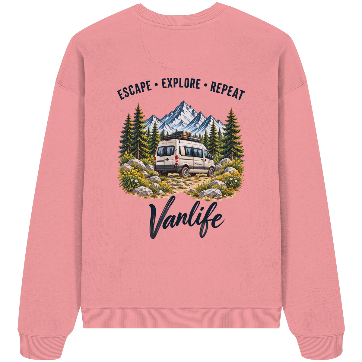 Bio Oversize Sweatshirt in Pink Joy als Produkt-Mockup mit Escape Explore Repeat Motiv als Backprint