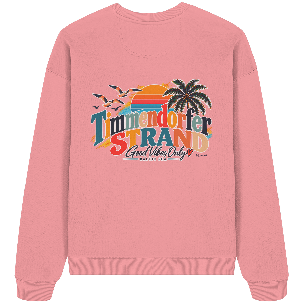 Timmendorfer Strand – Good Vibes Only – Bio Oversize-Sweatshirt mit Rückenprint – Pink Joy; originales Katalogmockup der Rückansicht mit Rückenprint.