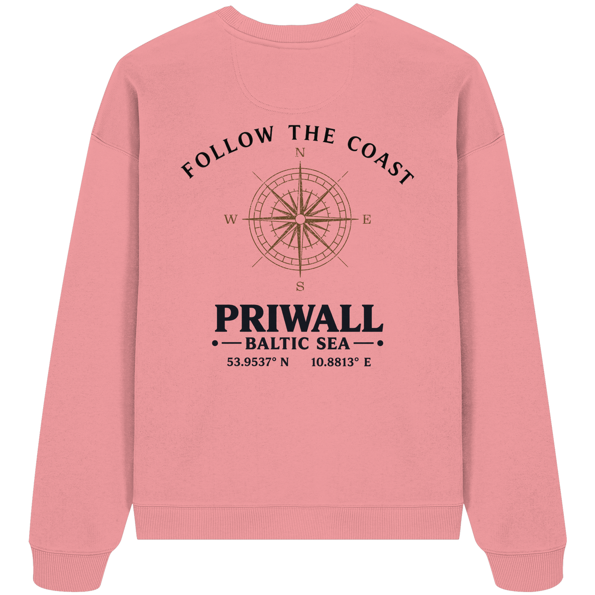 Rückansicht des Bio Oversize Sweatshirt in Pink Joy mit hellem Priwall Follow the Coast Backprint