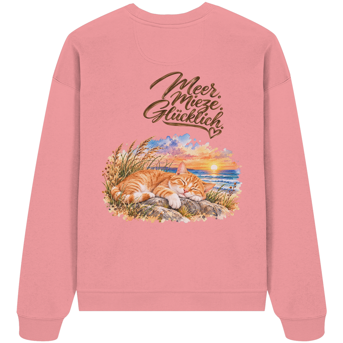 Unisex Bio-Oversize-Sweatshirt in Pink Joy mit „Meer. Mieze. Glücklich.“ als Backprint – Rückansicht im Original-Mockup.