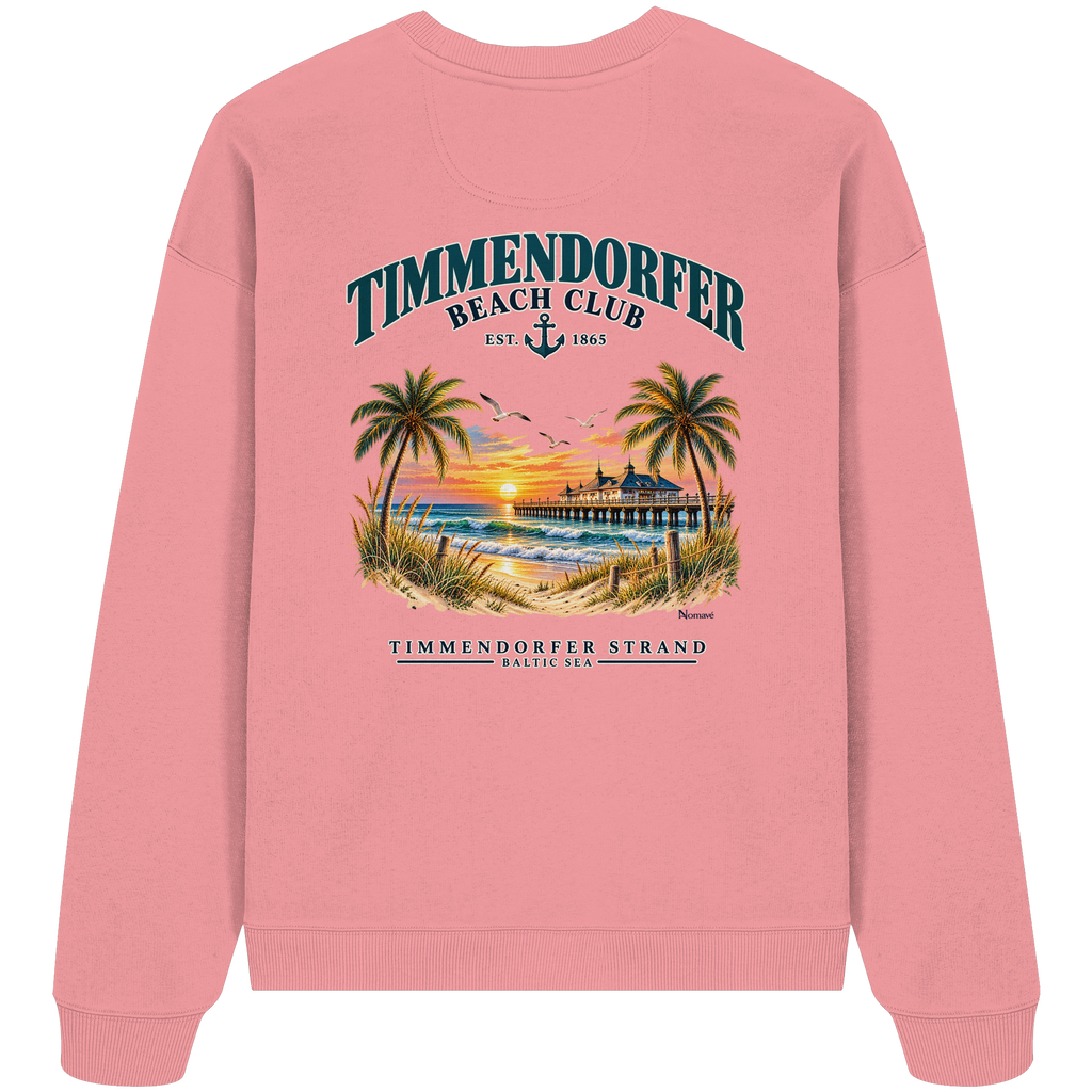 Original-Produktmockup: Unisex-Bio-Oversize-Sweatshirt in Pink Joy, Rückansicht mit Timmendorfer-Beach-Club-Motiv und dem Schriftzug Timmendorfer Strand – Baltic Sea.