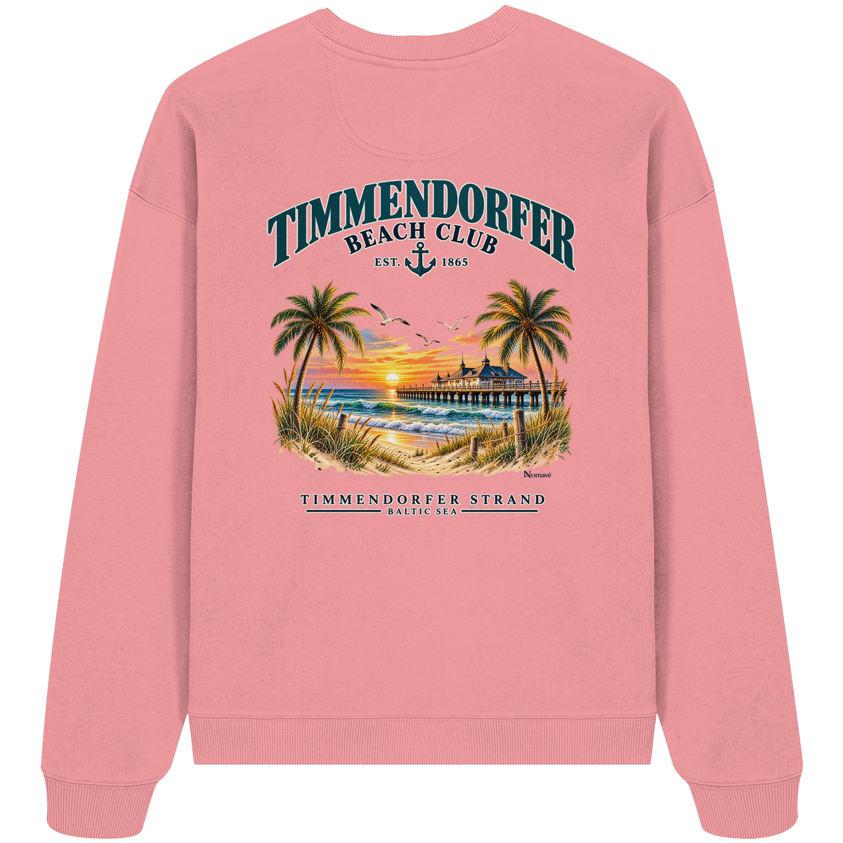 Original-Produktmockup: Unisex-Bio-Oversize-Sweatshirt in Pink Joy, Rückansicht mit Timmendorfer-Beach-Club-Motiv und dem Schriftzug Timmendorfer Strand – Baltic Sea.