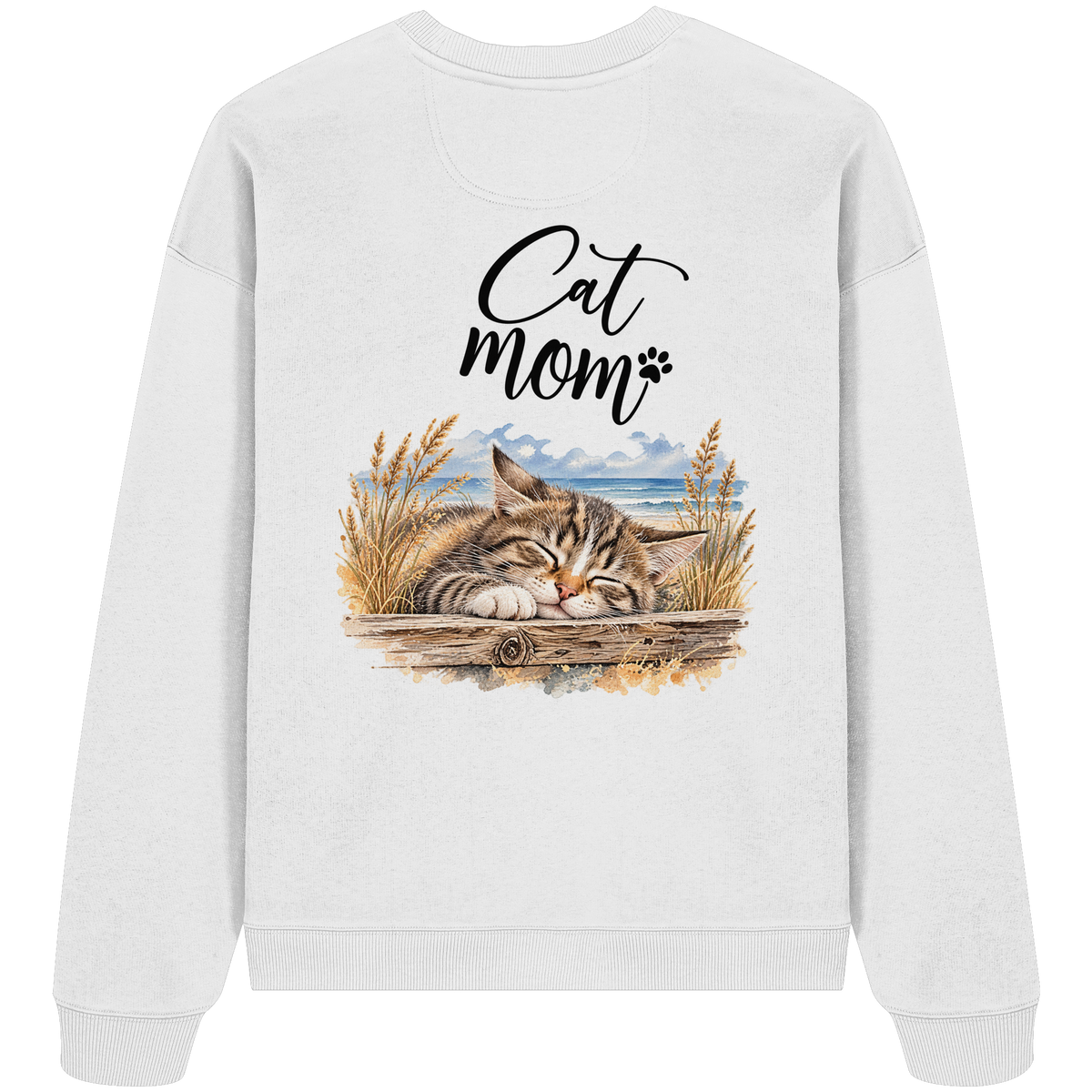 Cat Mom Bio-Oversize-Sweatshirt in White – Original-Rückansicht im Oversized Fit mit schlafender Katze und Küstenmotiv als Rückenprint.