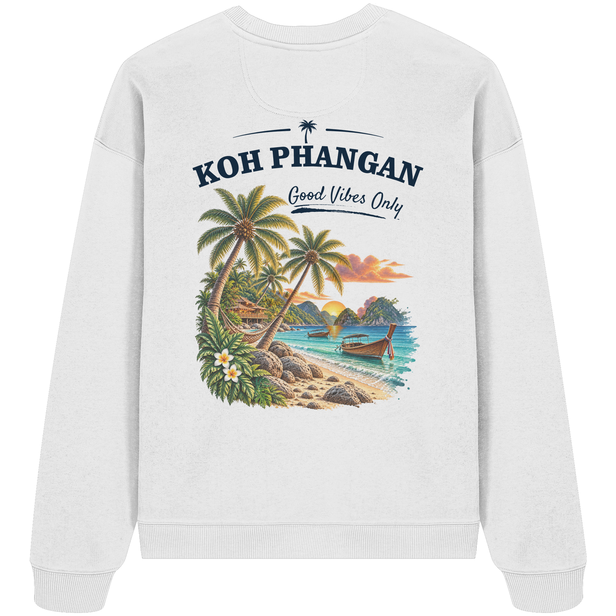 Bio Oversize Sweatshirt – Backprint in white als Original-Mockup mit Koh Phangan Good Vibes Only Backprint