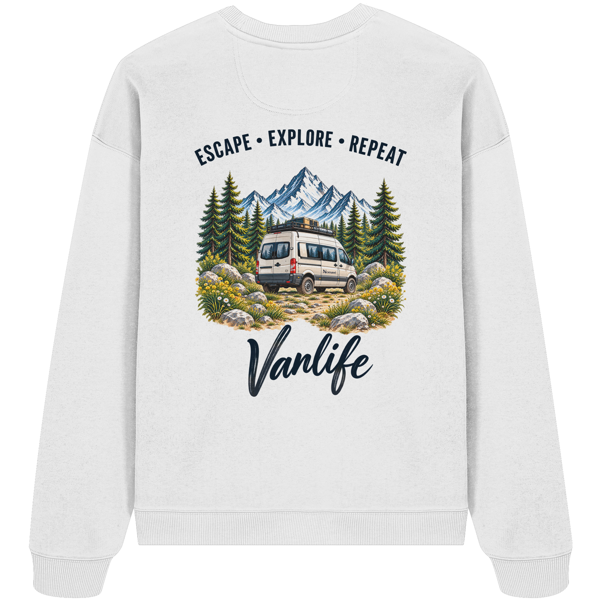 Bio Oversize Sweatshirt in White als Produkt-Mockup mit Escape Explore Repeat Motiv als Backprint