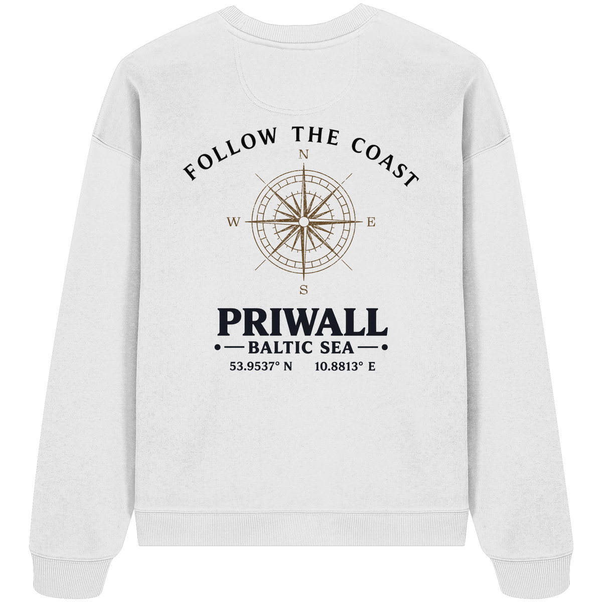 Rückansicht des Bio Oversize Sweatshirt in White mit hellem Priwall Follow the Coast Backprint
