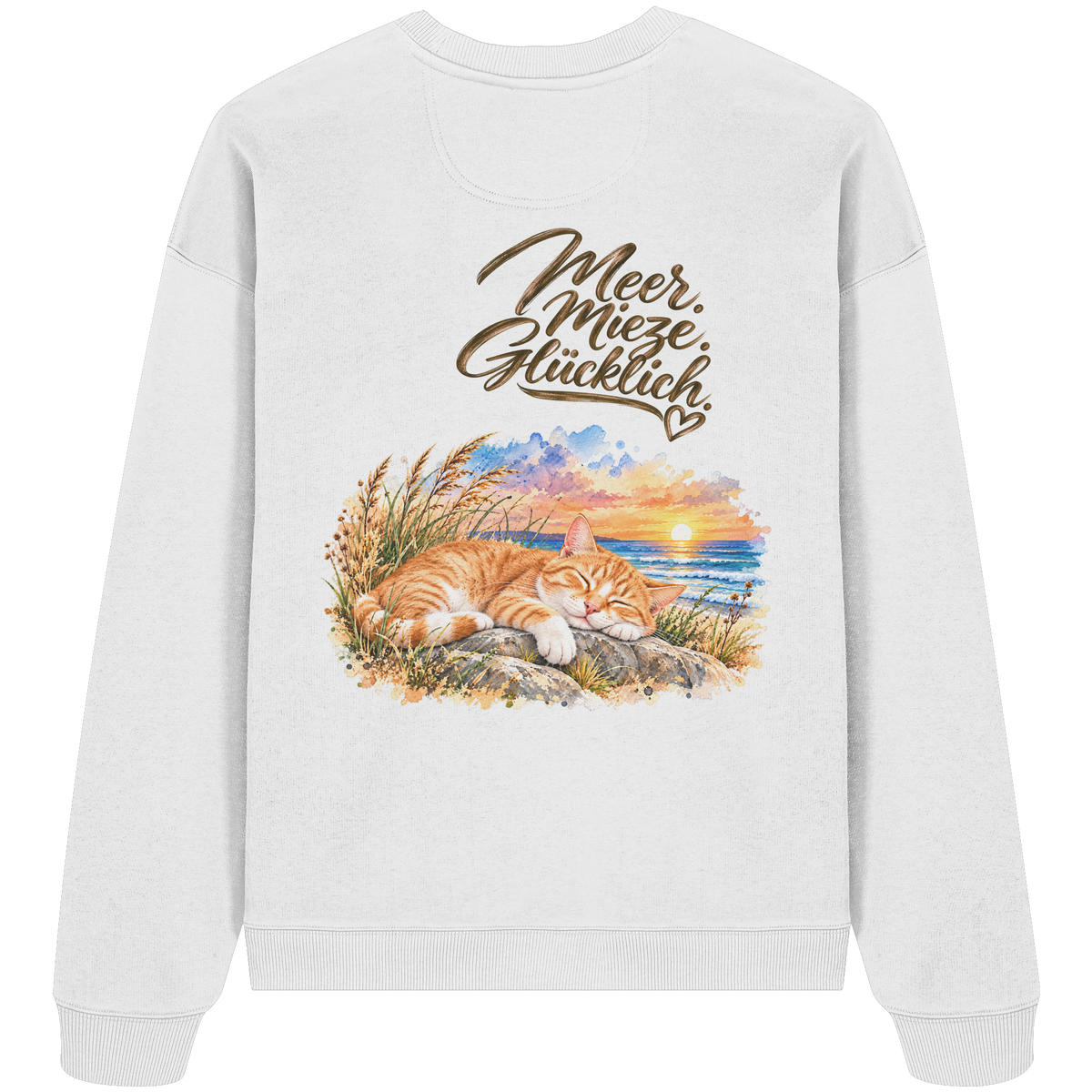 Unisex Bio-Oversize-Sweatshirt in White mit „Meer. Mieze. Glücklich.“ als Backprint – Rückansicht im Original-Mockup.