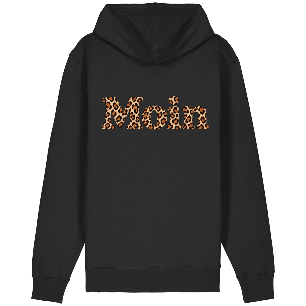 Original-Shirtigo-Mockup: Rückseite der Bio Relaxed Zipperjacke in Black mit „Moin“ im Karamell-Leoprint als Backprint