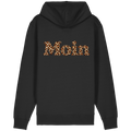 Original-Shirtigo-Mockup: Rückseite der Bio Relaxed Zipperjacke in Black mit „Moin“ im Karamell-Leoprint als Backprint