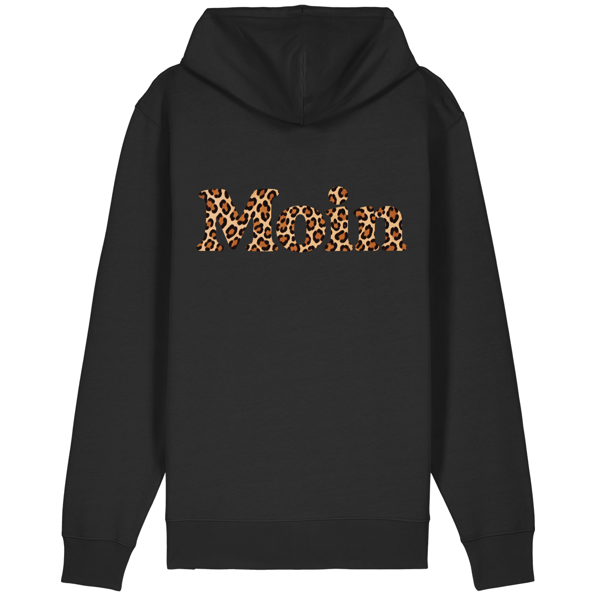 Original-Shirtigo-Mockup: Rückseite der Bio Relaxed Zipperjacke in Black mit „Moin“ im Karamell-Leoprint als Backprint
