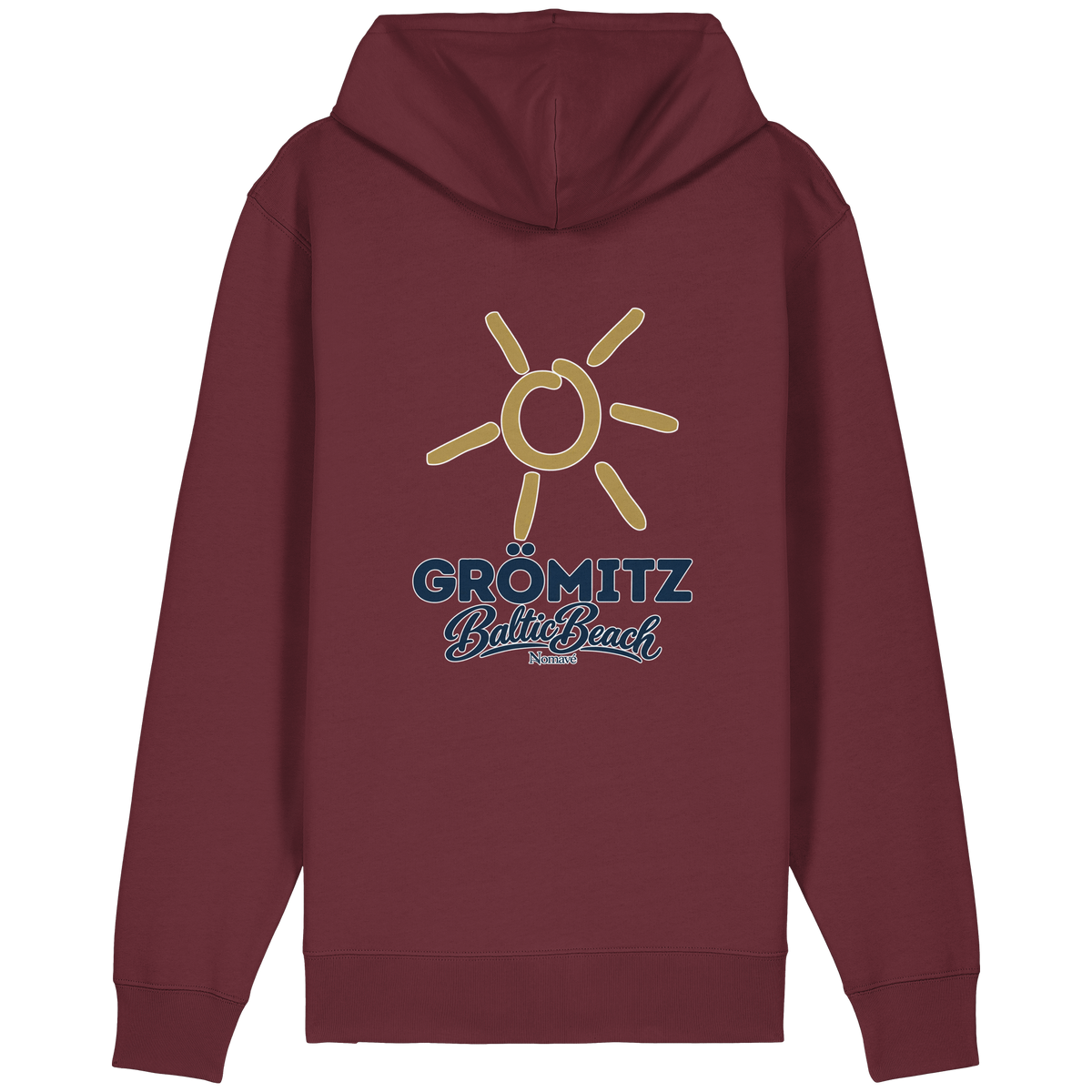 Bio Relaxed Zipper Grömitz Sonne Baltic Beach in Burgundy – Rückendruck mit goldener Sonne, Shirtigo-Originalmockup 3