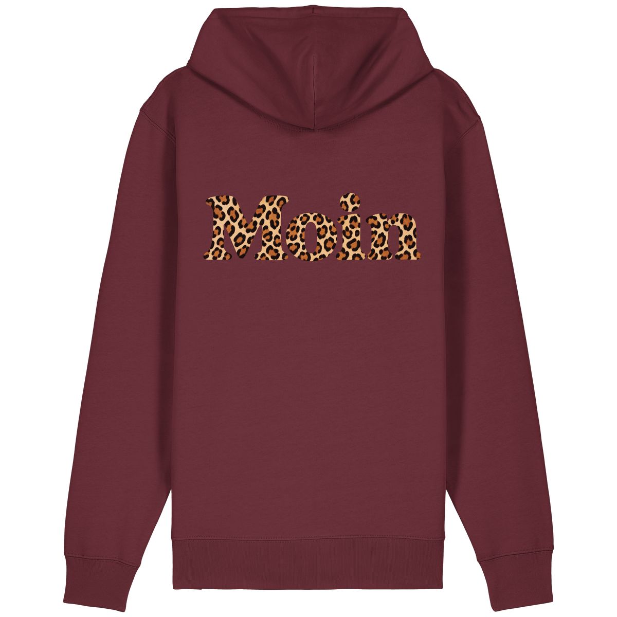 Original-Shirtigo-Mockup: Rückseite der Bio Relaxed Zipperjacke in Burgundy mit „Moin“ im Karamell-Leoprint als Backprint