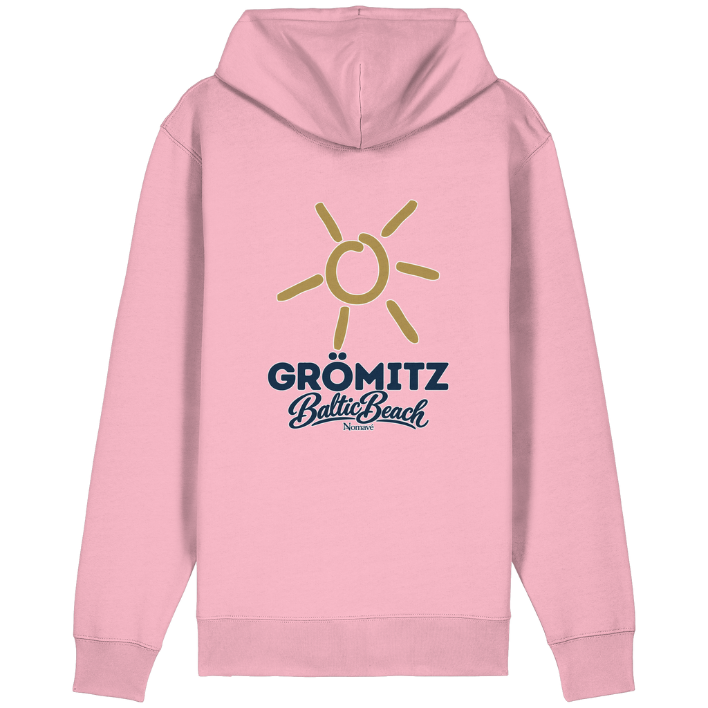 Bio Relaxed Zipper Grömitz Sonne Baltic Beach in Cotton Pink – Rückendruck mit goldener Sonne, Shirtigo-Originalmockup 1