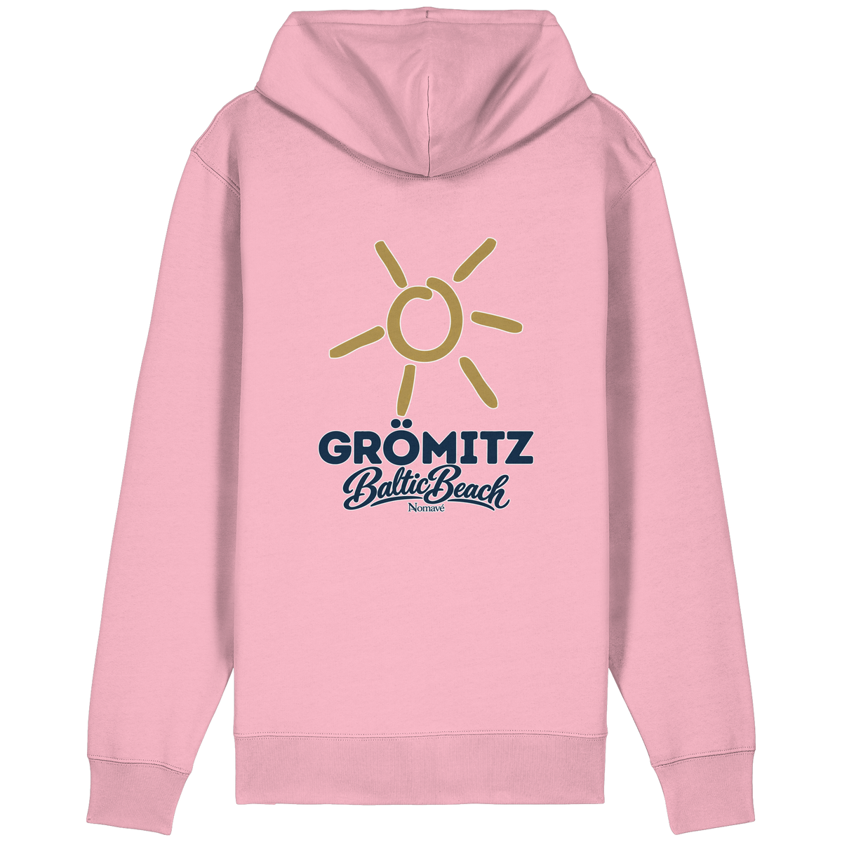 Bio Relaxed Zipper Grömitz Sonne Baltic Beach in Cotton Pink – Rückendruck mit goldener Sonne, Shirtigo-Originalmockup 1