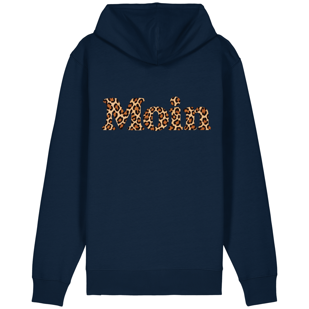 Original-Shirtigo-Mockup: Rückseite der Bio Relaxed Zipperjacke in French Navy mit „Moin“ im Karamell-Leoprint als Backprint