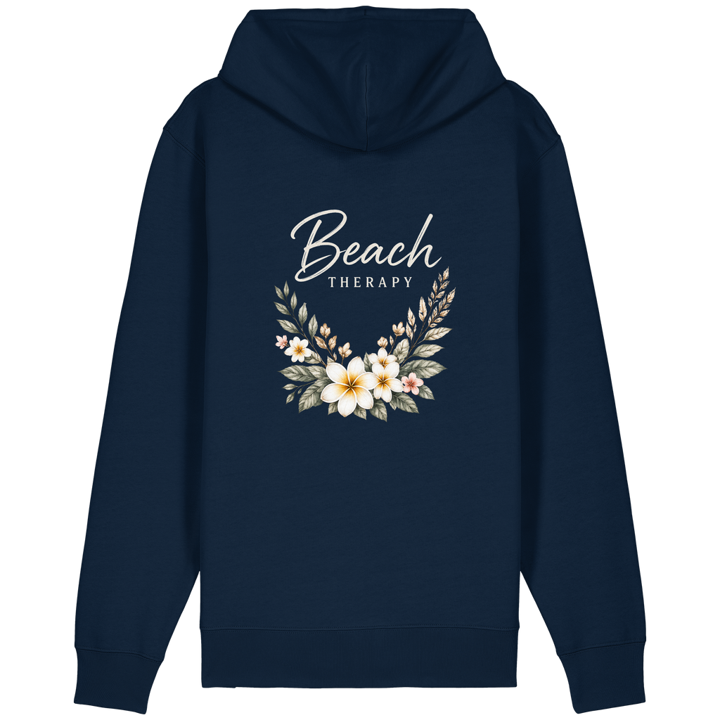 Bio-Relaxed-Zipper in French Navy mit floralem Beach-Therapy-Rückenprint – Original-Mockup, Rückansicht.