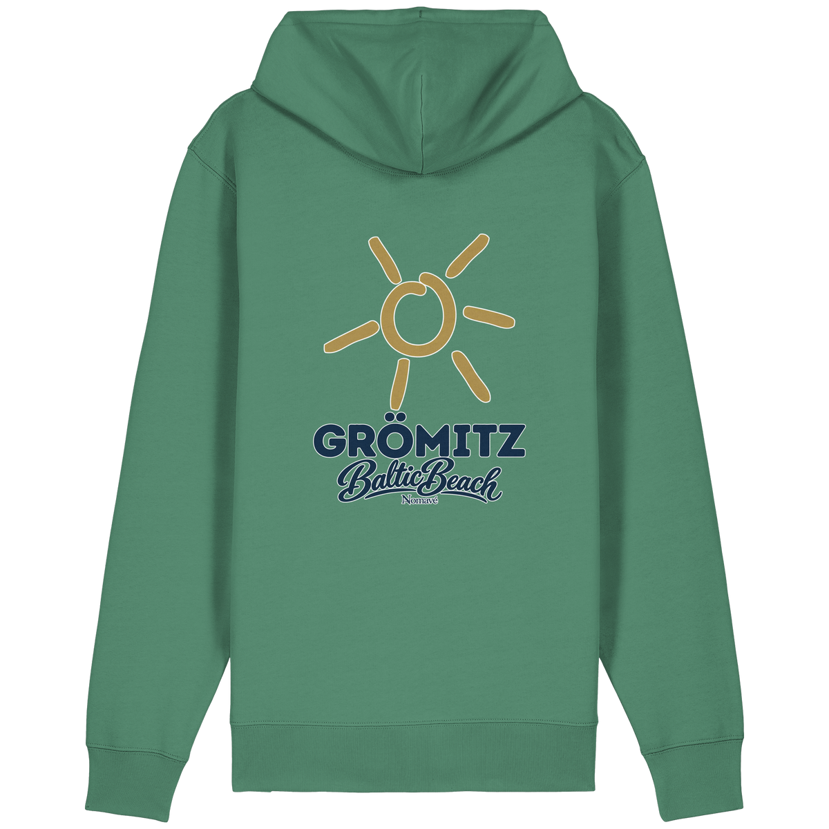 Bio Relaxed Zipper Grömitz Sonne Baltic Beach in Green Bay – Rückendruck mit goldener Sonne, Shirtigo-Originalmockup 2