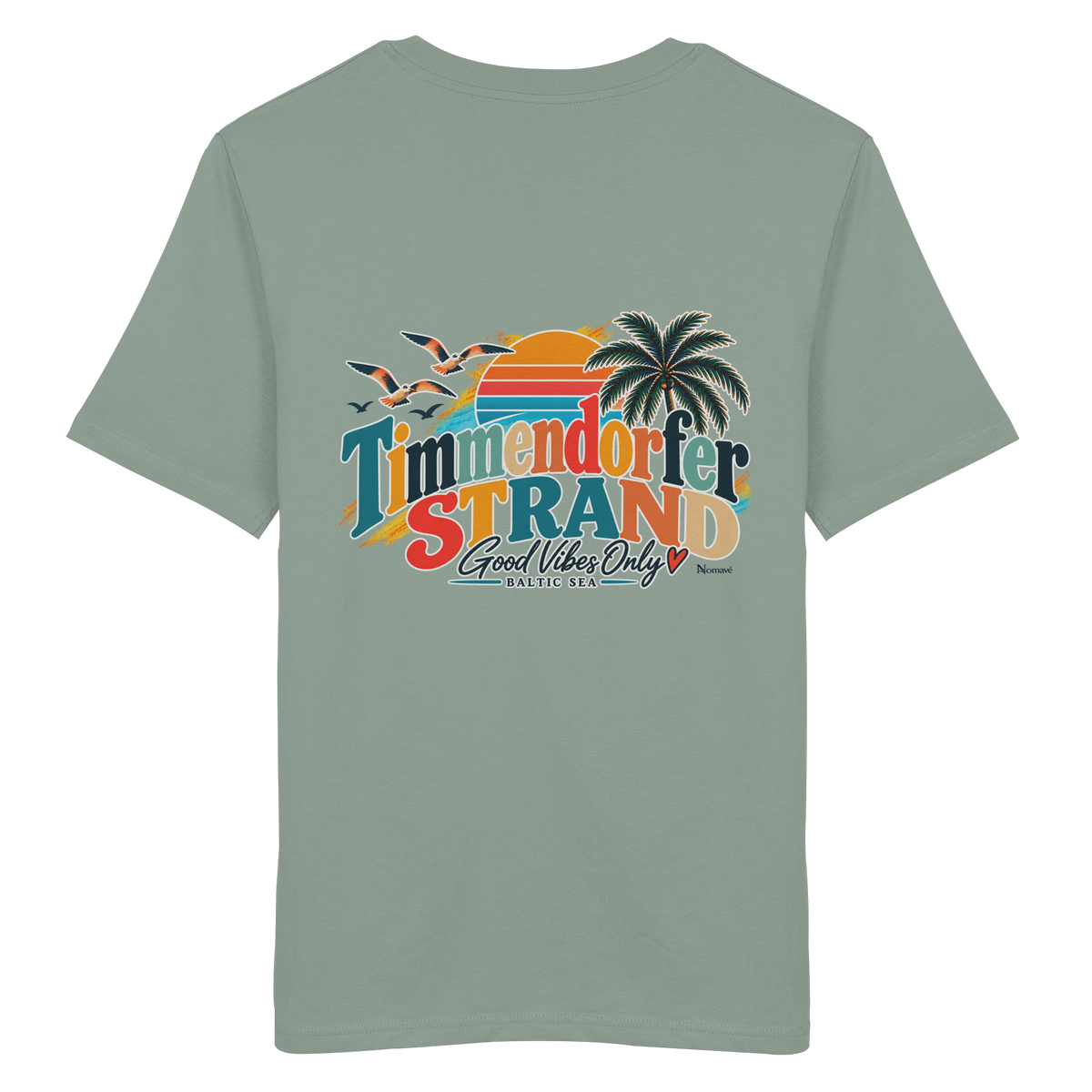 Unisex-Bio-T-Shirt in Aloe, Katalog-Rückansicht mit Timmendorfer-Strand-Good-Vibes-Only-Rückenprint.
