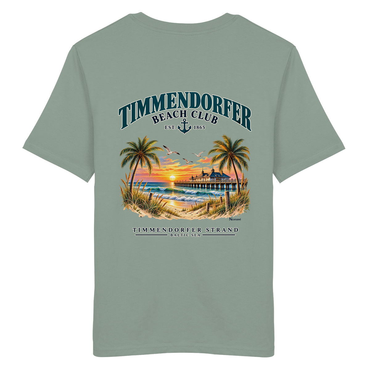 Original-/Katalogmockup: Unisex Bio-T-Shirt in Aloe, Rückansicht mit Timmendorfer-Beach-Club-Rückendruck.