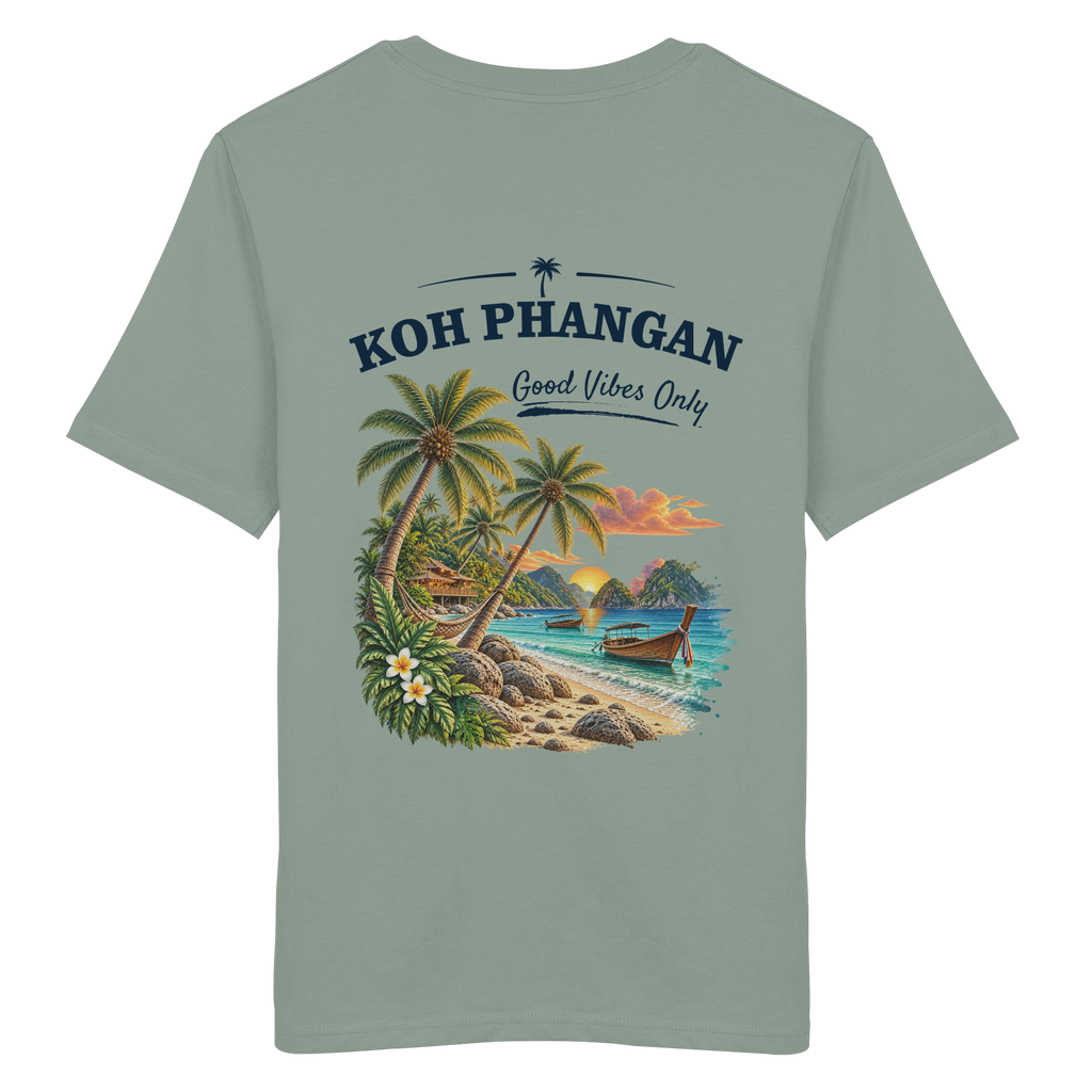 Koh Phangan Good Vibes Only – Bio T-Shirt – Backprint – Original-Mockup organic shirt aloe mit Rückenmotiv