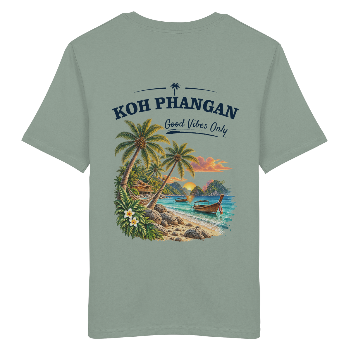 Koh Phangan Good Vibes Only – Bio T-Shirt – Backprint – Original-Mockup organic shirt aloe mit Rückenmotiv