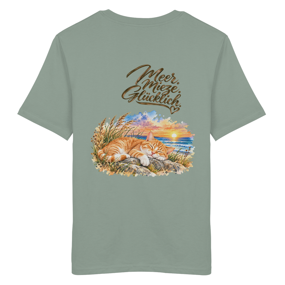 Rückansicht des freigestellten Bio-T-Shirts in Aloe mit „Meer. Mieze. Glücklich.“ und Katzenmotiv – Original-Mockup.
