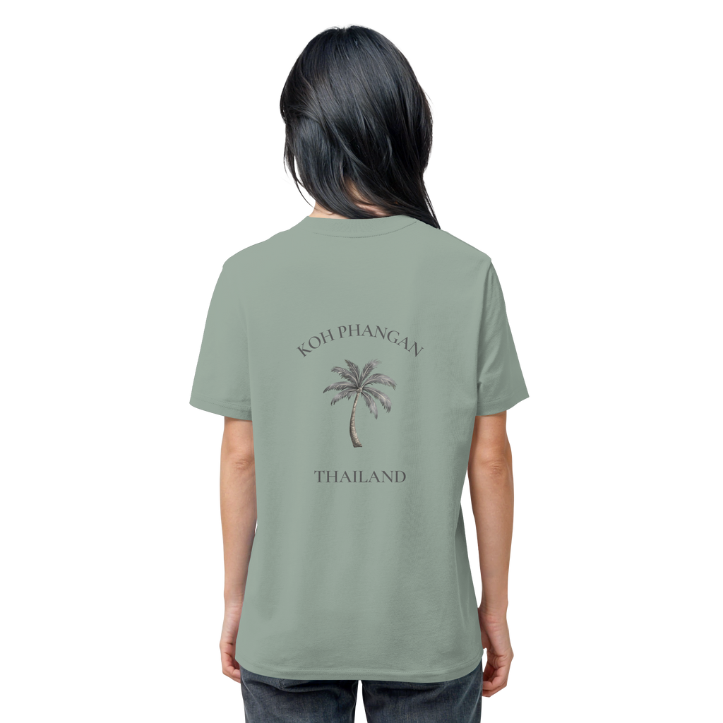 Bio T-Shirt in Aloe, Original-Mockup weitere Produktansicht mit Koh Phangan Mini Palm Backprint