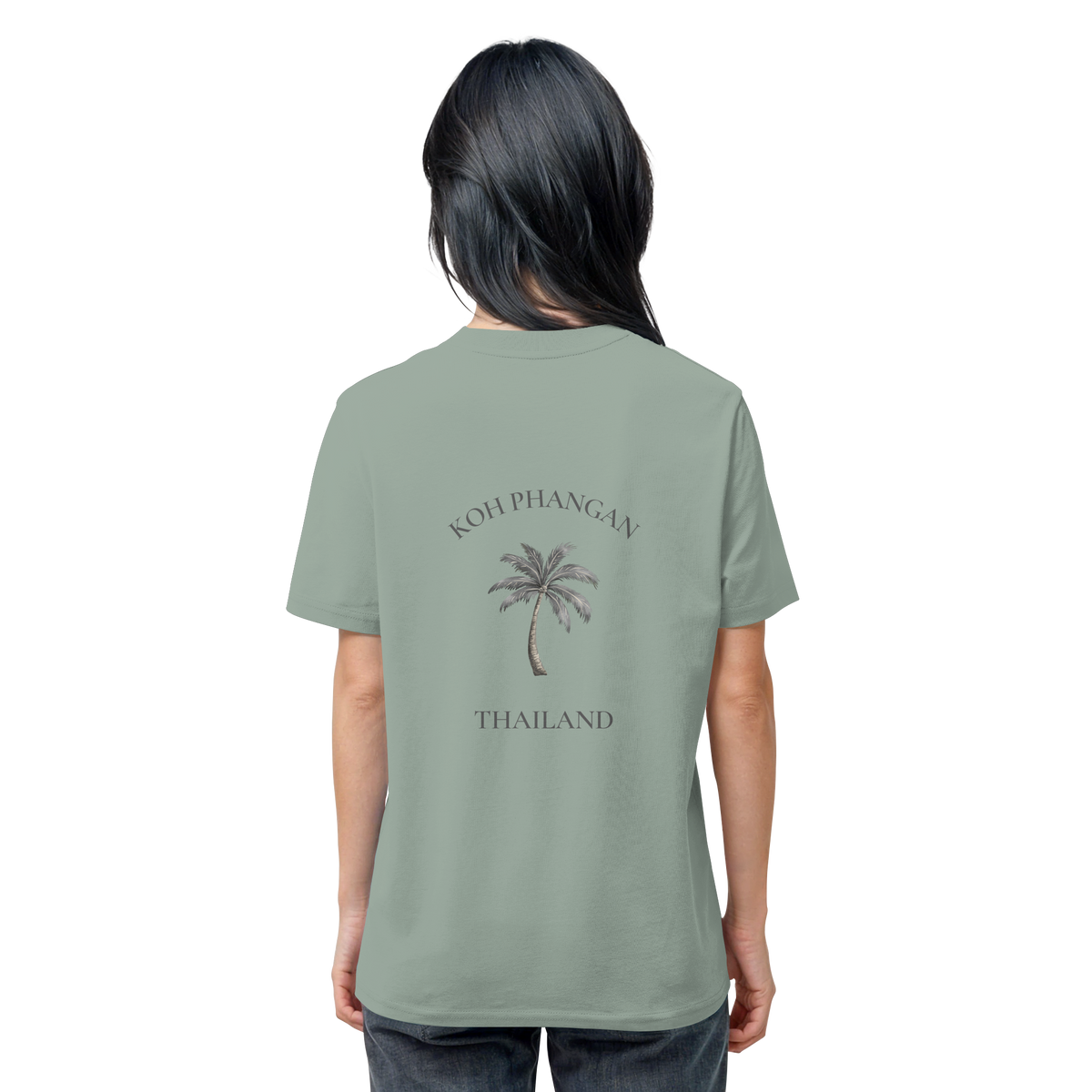 Bio T-Shirt in Aloe, Original-Mockup weitere Produktansicht mit Koh Phangan Mini Palm Backprint