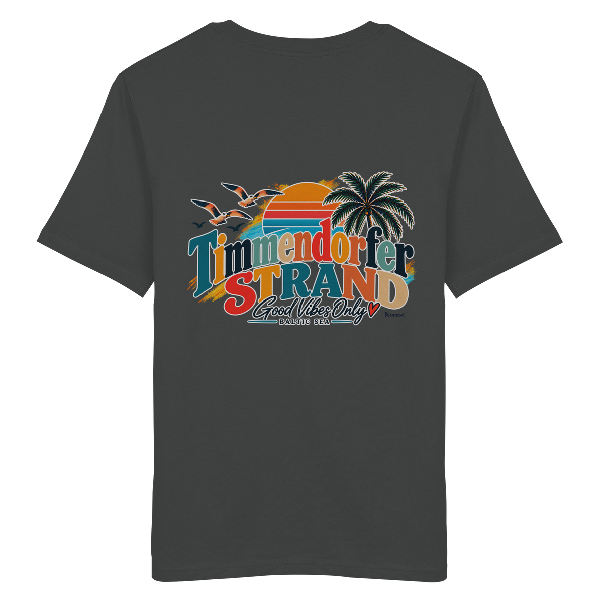 Unisex-Bio-T-Shirt in Anthracite, Katalog-Rückansicht mit Timmendorfer-Strand-Good-Vibes-Only-Rückenprint.
