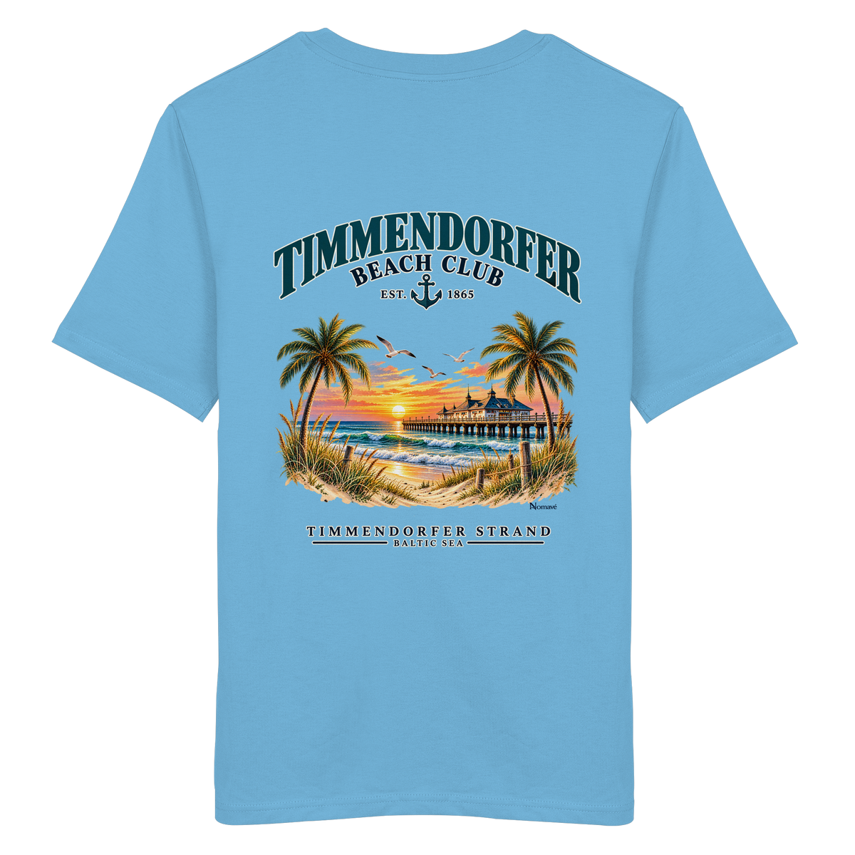 Original-/Katalogmockup: Unisex Bio-T-Shirt in Aqua Blue, Rückansicht mit Timmendorfer-Beach-Club-Rückendruck.