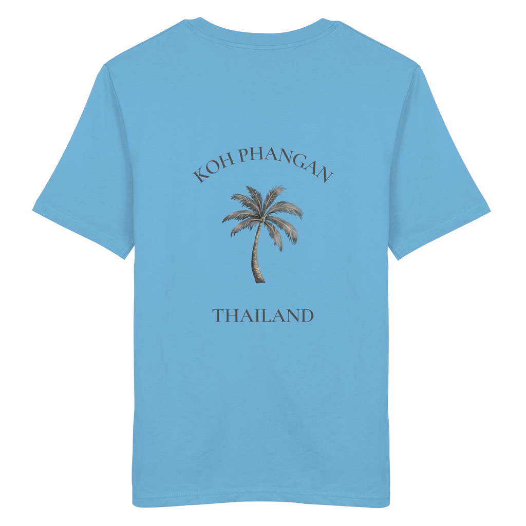 Bio T-Shirt in Aqua Blue, Original-Mockup Rückenansicht mit Koh Phangan Mini Palm Backprint