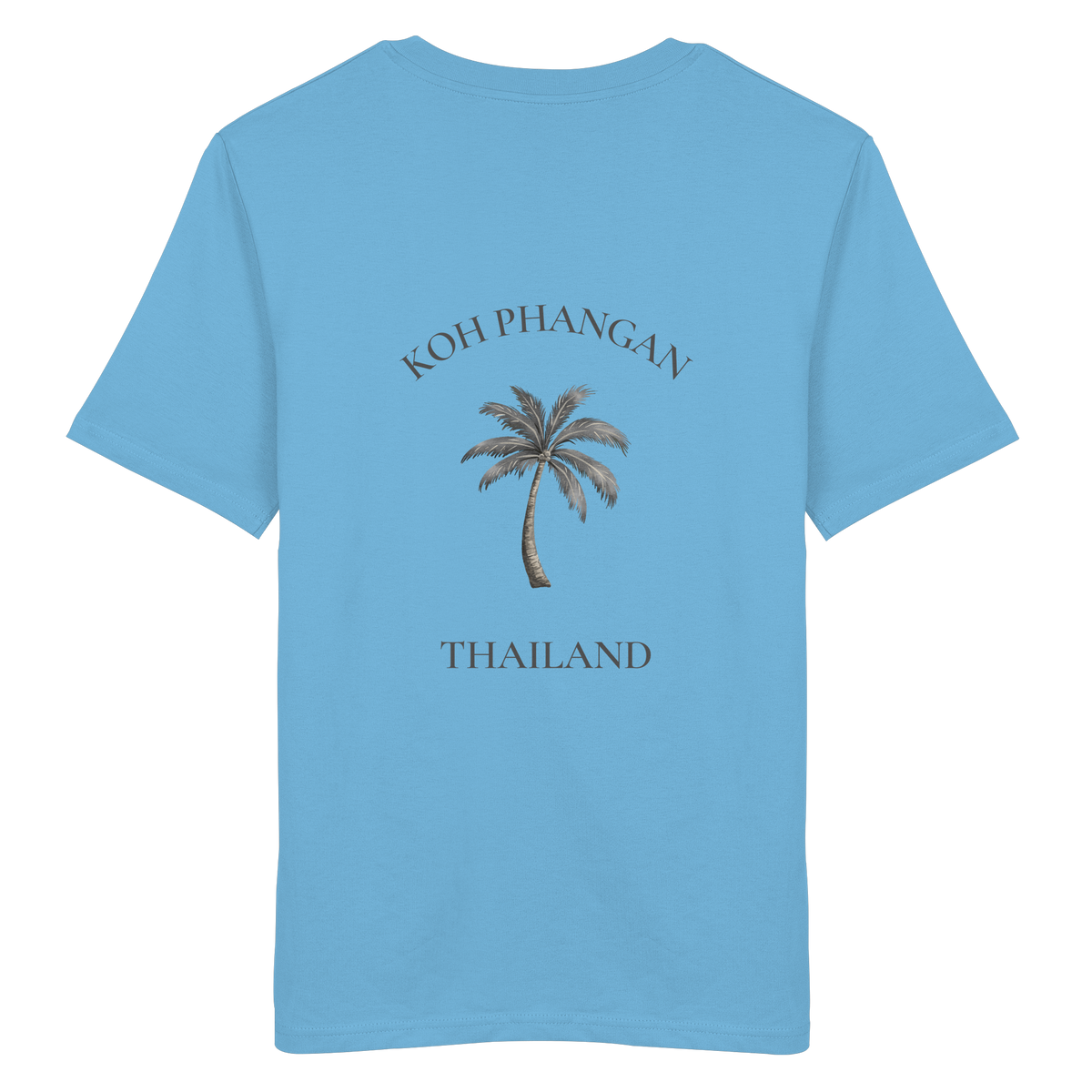 Bio T-Shirt in Aqua Blue, Original-Mockup Rückenansicht mit Koh Phangan Mini Palm Backprint
