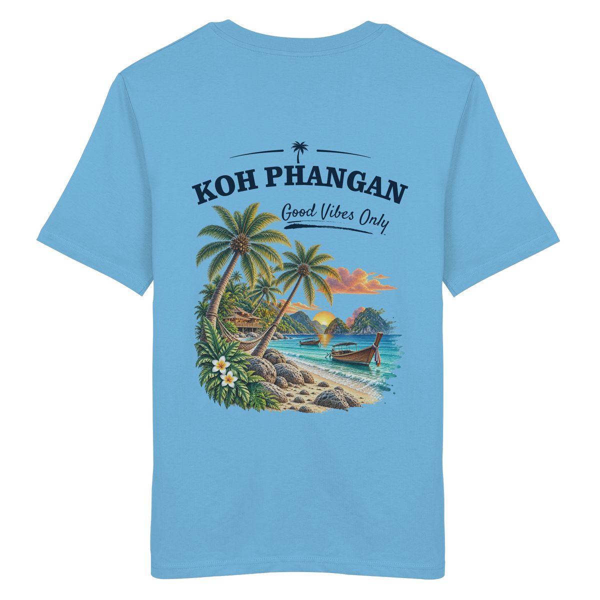 Koh Phangan Good Vibes Only – Bio T-Shirt – Backprint – Original-Mockup organic shirt aqua blue mit Rückenmotiv