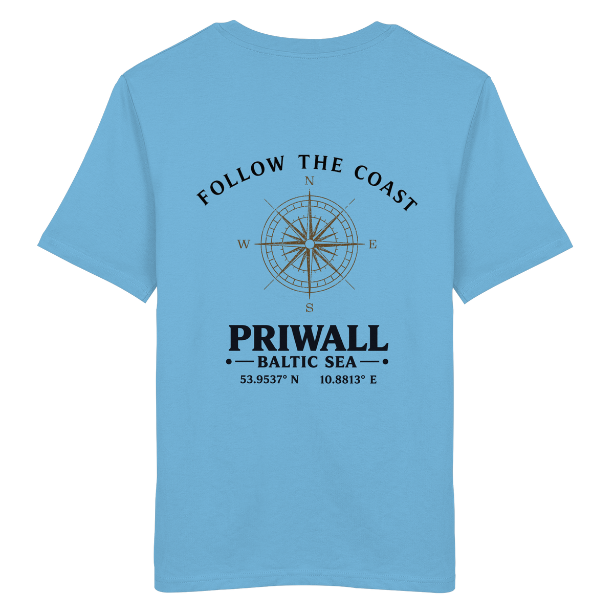 Rückansicht des Bio T-Shirt in Aqua Blue mit hellem Priwall Follow the Coast Backprint
