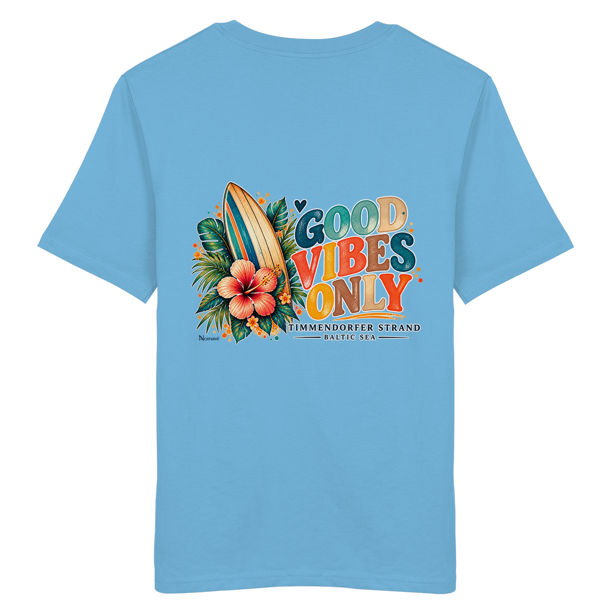 Original-Rückansicht 15: Unisex Bio-T-Shirt in Aqua Blue mit Timmendorfer-Surf-Vibes-Rückenprint, Surfboard, Hibiskusblüten und Baltic-Sea-Schriftzug.