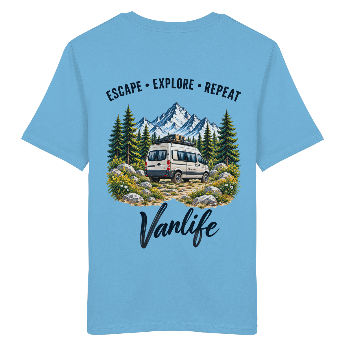 Bio T-Shirt in Aqua Blue als Produkt-Mockup mit Escape Explore Repeat Motiv als Backprint – Produktansicht 2