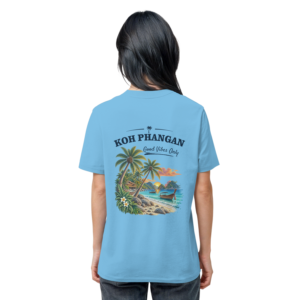 Koh Phangan Good Vibes Only – Bio T-Shirt – Backprint – Original-Mockup organic shirt aqua blue mit Rückenmotiv