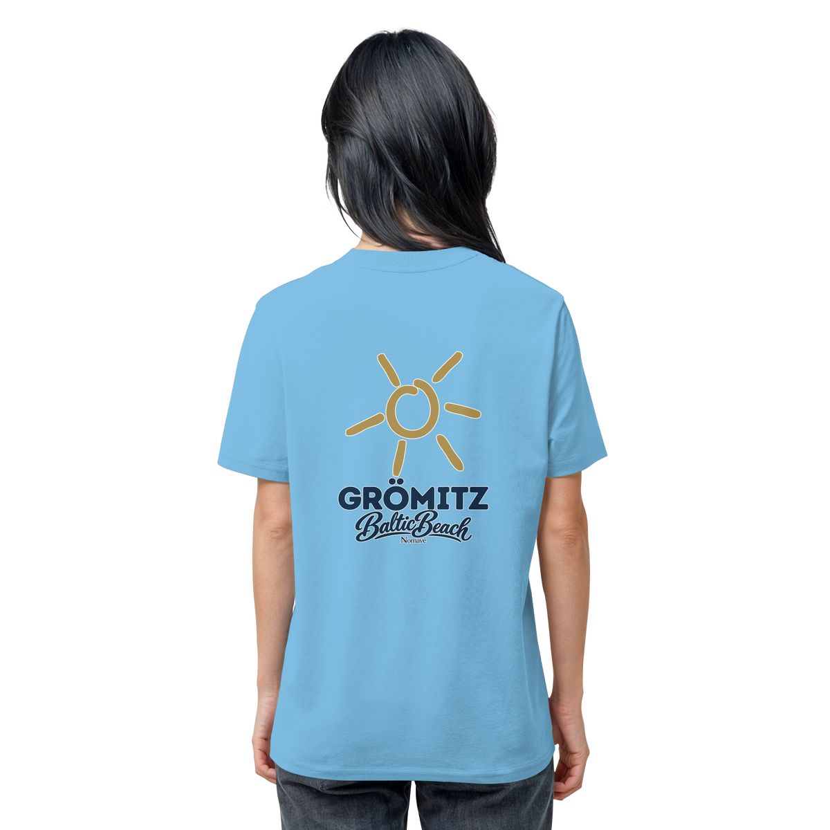 Grömitz Sonne Bio Unisex T-Shirt Baltic Beach mit Rückendruck in Aqua Blue – Shirtigo-Originalmockup 20