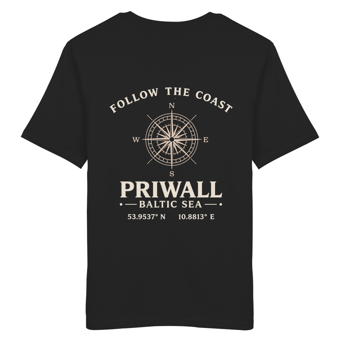 Rückansicht des Bio T-Shirt in Black mit dunklem Priwall Follow the Coast Backprint