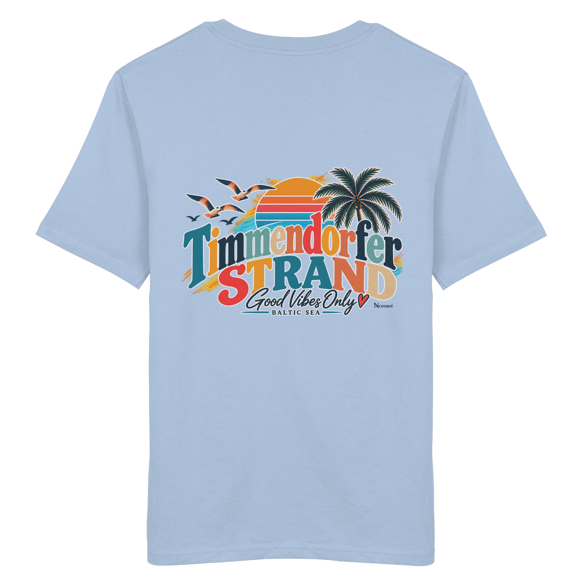 Unisex-Bio-T-Shirt in Blue Soul, Katalog-Rückansicht mit Timmendorfer-Strand-Good-Vibes-Only-Rückenprint.